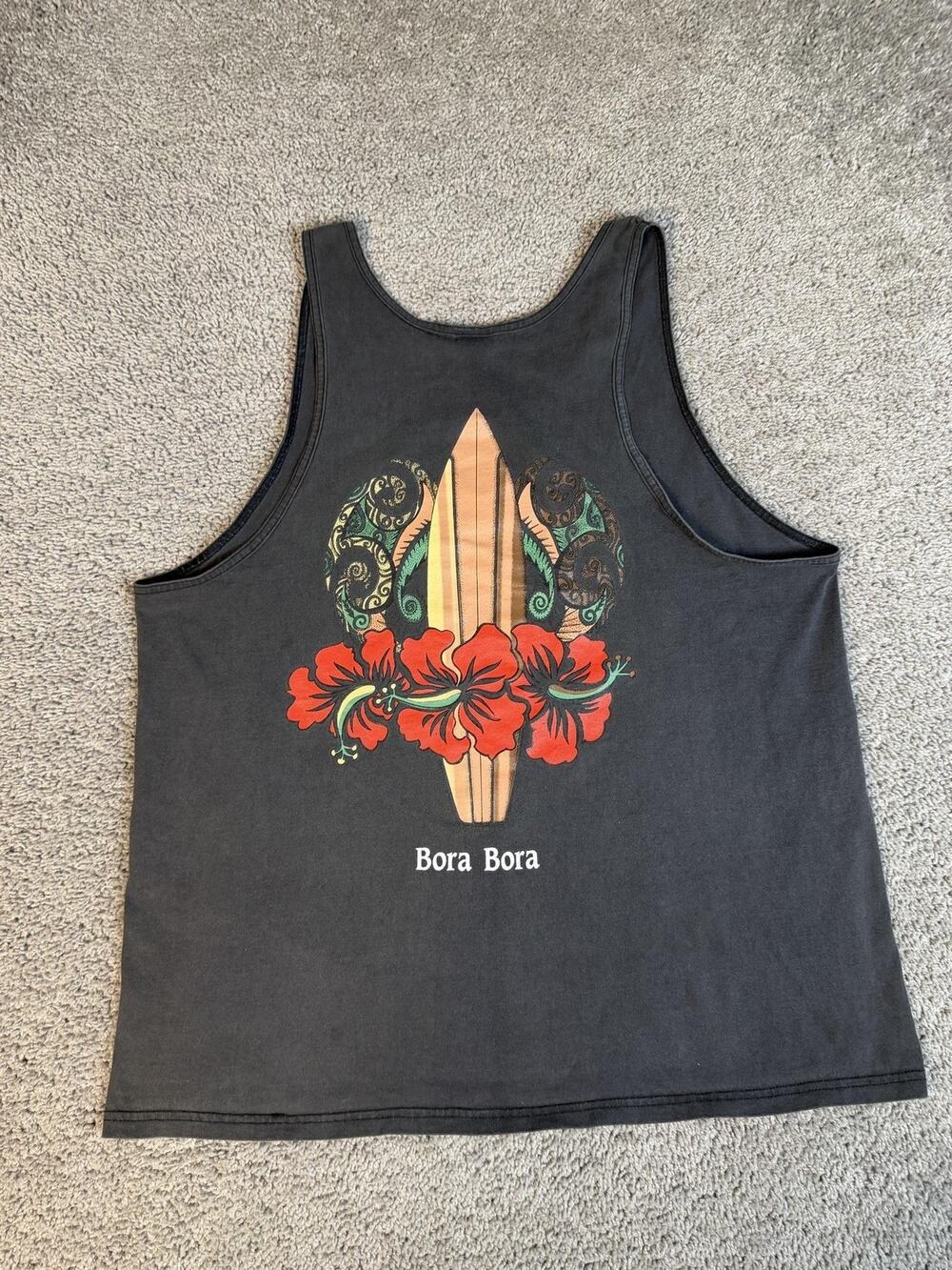 Vintage 90s Bora Bora Shirt Mens XL Black Surfboard Surfing Tropical Graphic
